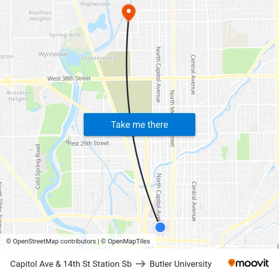Capitol Ave & 14th St Station Sb to Butler University map