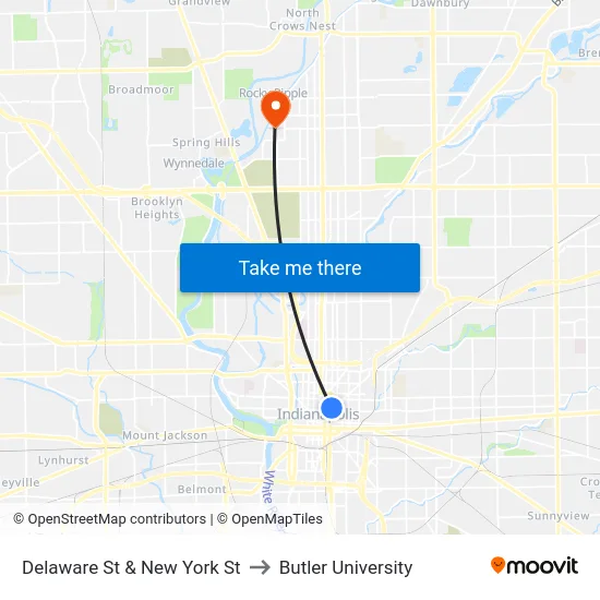 Delaware St & New York St to Butler University map