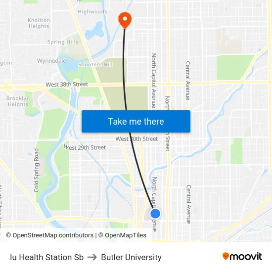Iu Health Station Sb to Butler University map