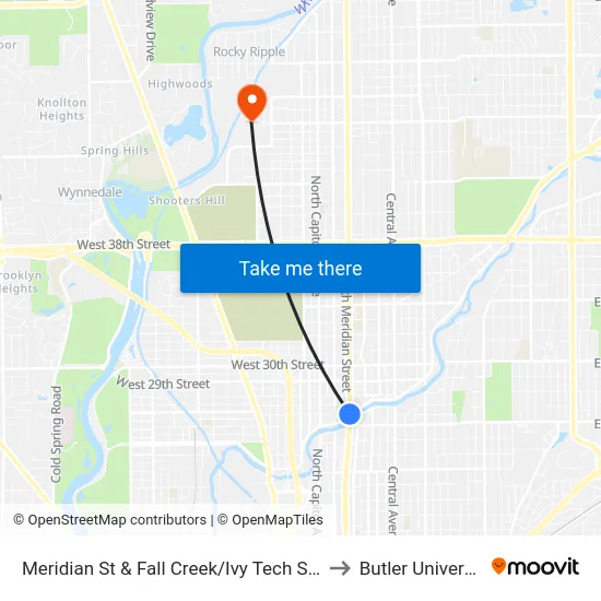 Meridian St & Fall Creek/Ivy Tech Statio to Butler University map