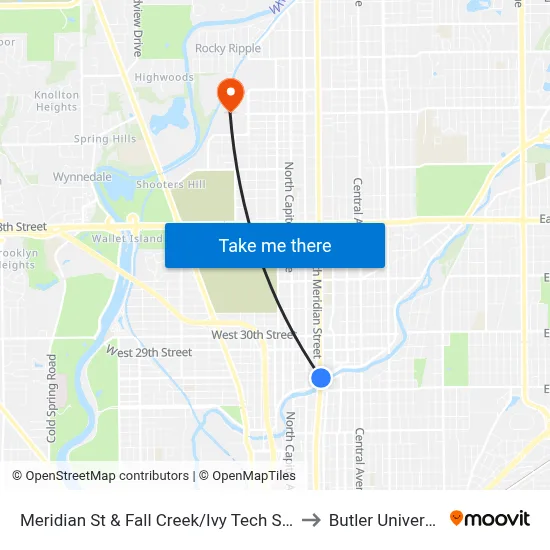 Meridian St & Fall Creek/Ivy Tech Statio to Butler University map
