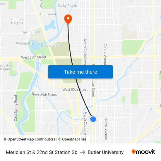 Meridian St & 22nd St Station Sb to Butler University map