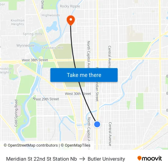 Meridian St 22nd St Station Nb to Butler University map