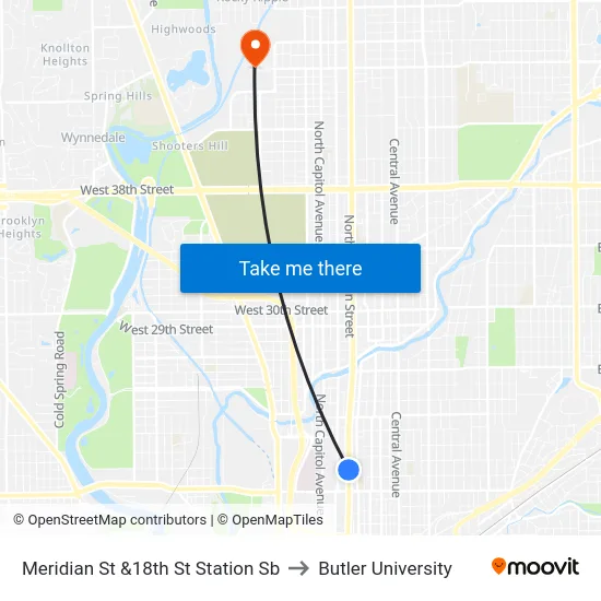 Meridian St &18th St Station Sb to Butler University map