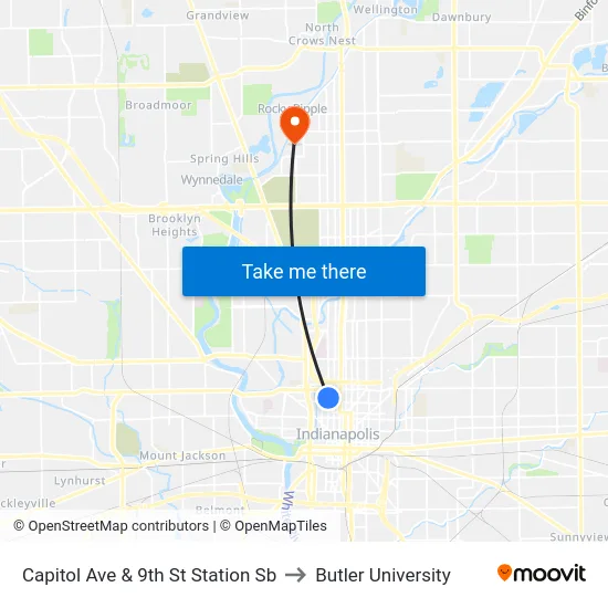 Capitol Ave & 9th St Station Sb to Butler University map