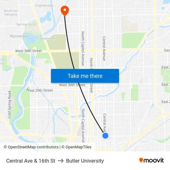 Central Ave & 16th St to Butler University map