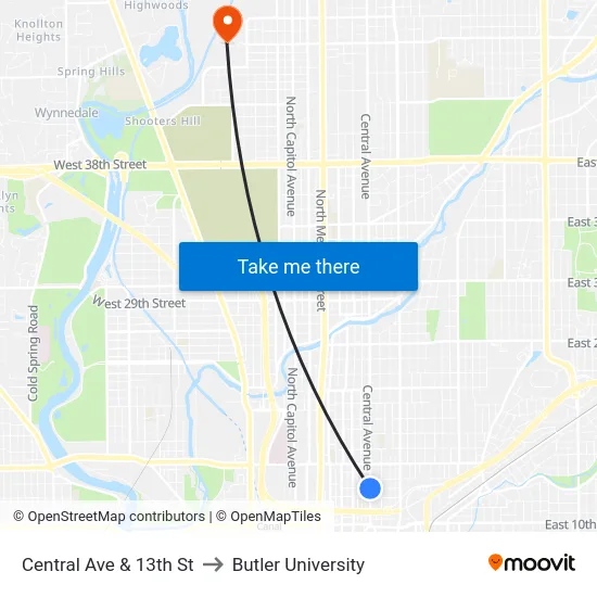 Central Ave & 13th St to Butler University map
