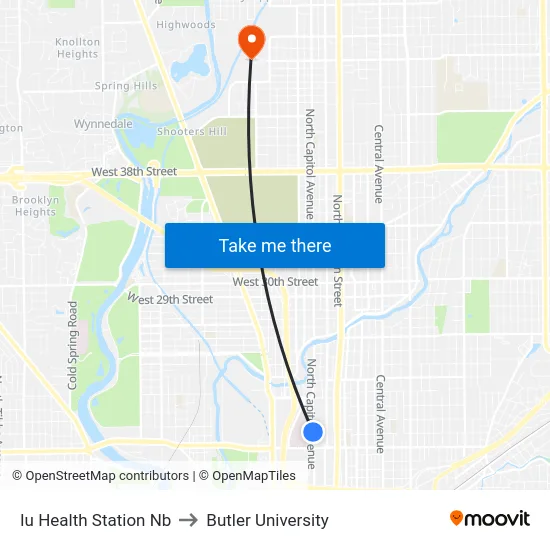 Iu Health Station Nb to Butler University map