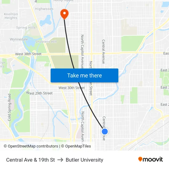 Central Ave & 19th St to Butler University map