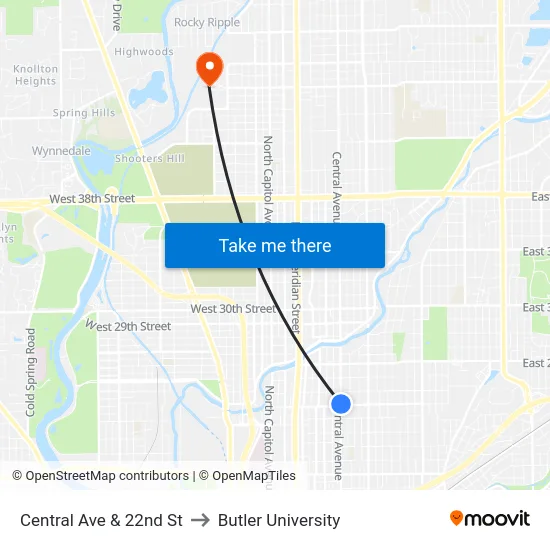 Central Ave & 22nd St to Butler University map