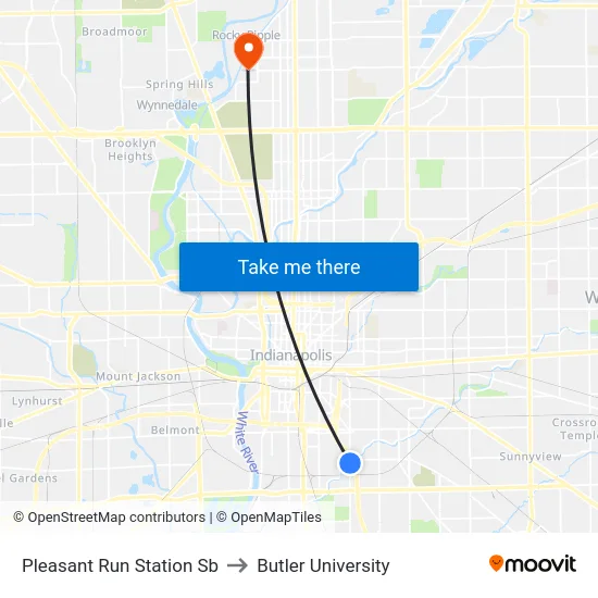 Pleasant Run Station Sb to Butler University map