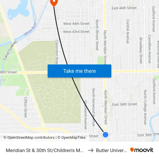 Meridian St & 30th St/Children's Museum to Butler University map