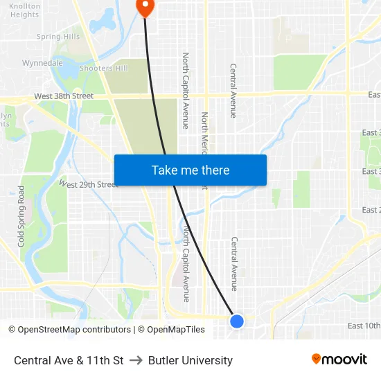 Central Ave & 11th St to Butler University map