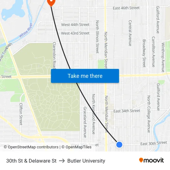 30th St & Delaware St to Butler University map