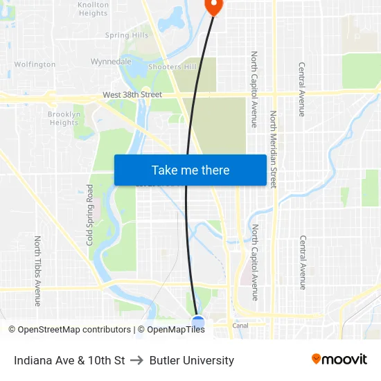Indiana Ave & 10th St to Butler University map