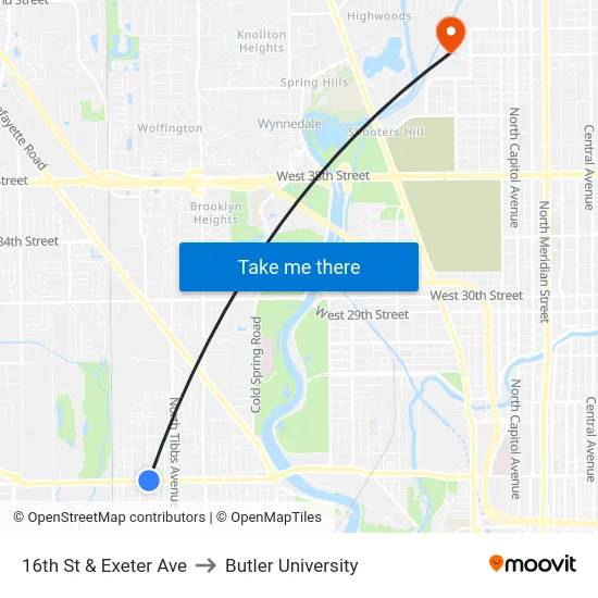 16th St & Exeter Ave to Butler University map