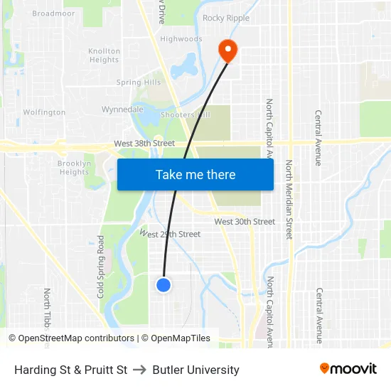 Harding St & Pruitt St to Butler University map