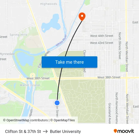Clifton St & 37th St to Butler University map