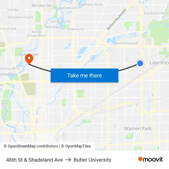 46th St & Shadeland Ave to Butler University map