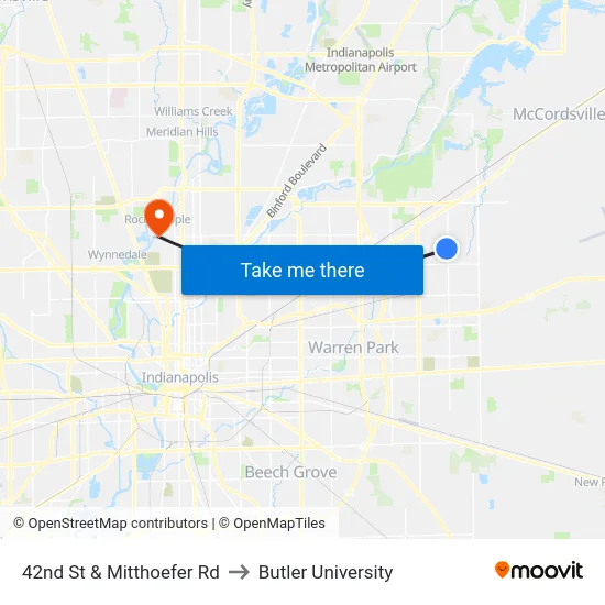 42nd St & Mitthoefer Rd to Butler University map