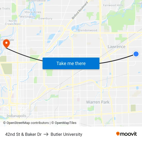42nd St & Baker Dr to Butler University map