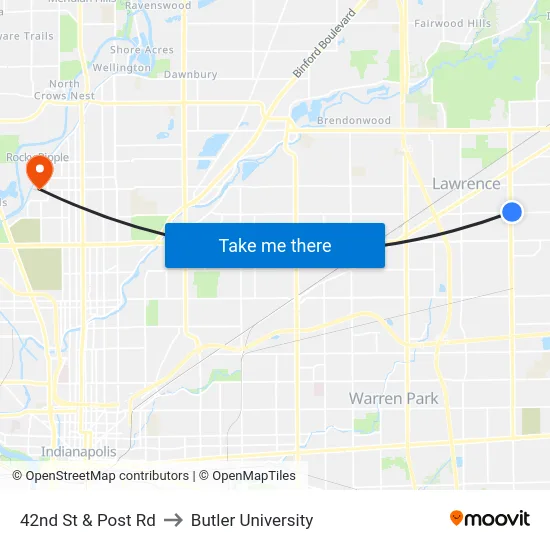 42nd St & Post Rd to Butler University map