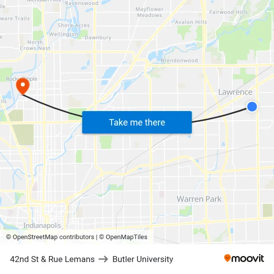 42nd St & Rue Lemans to Butler University map