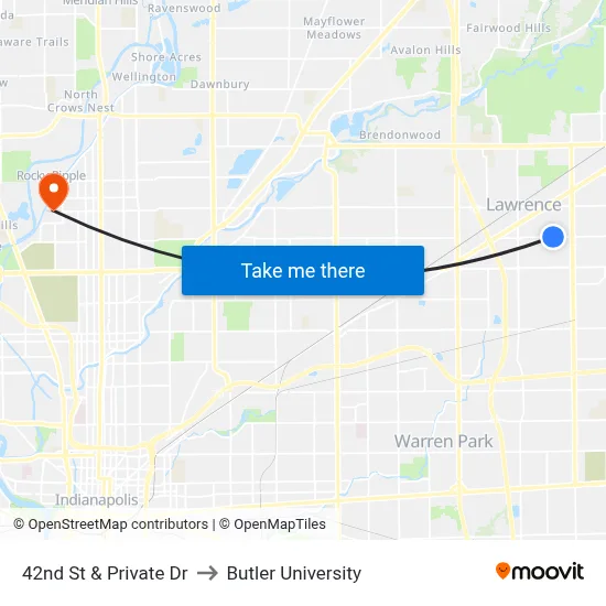 42nd St & Private Dr to Butler University map