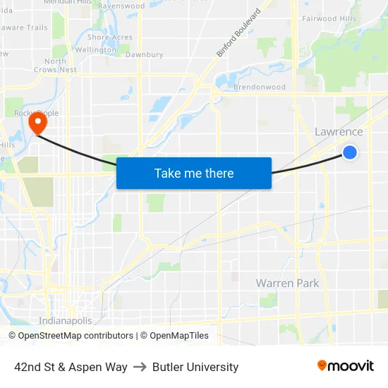 42nd St & Aspen Way to Butler University map