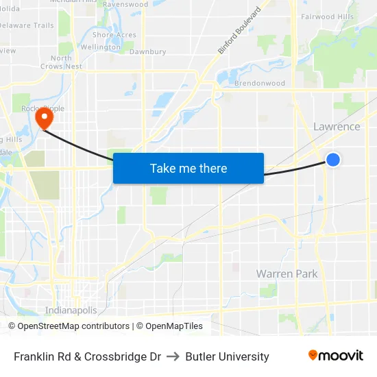 Franklin Rd & Crossbridge Dr to Butler University map