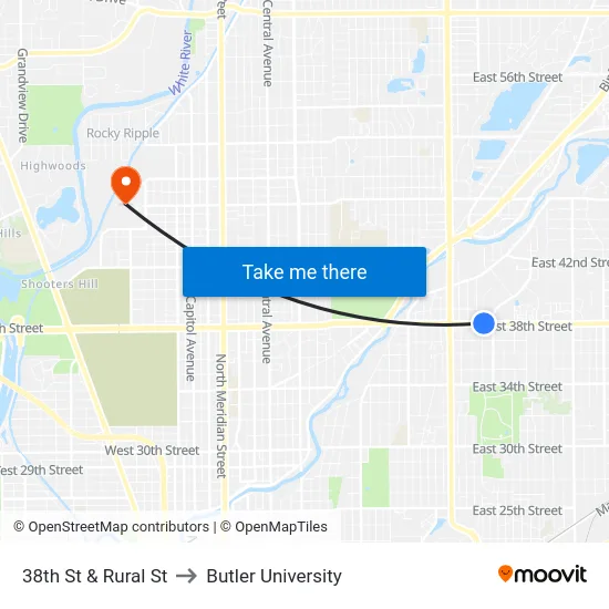 38th St & Rural St to Butler University map