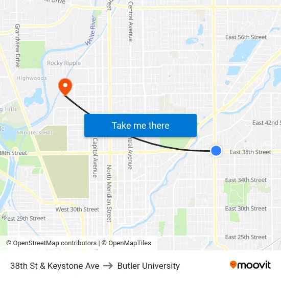 38th St & Keystone Ave to Butler University map