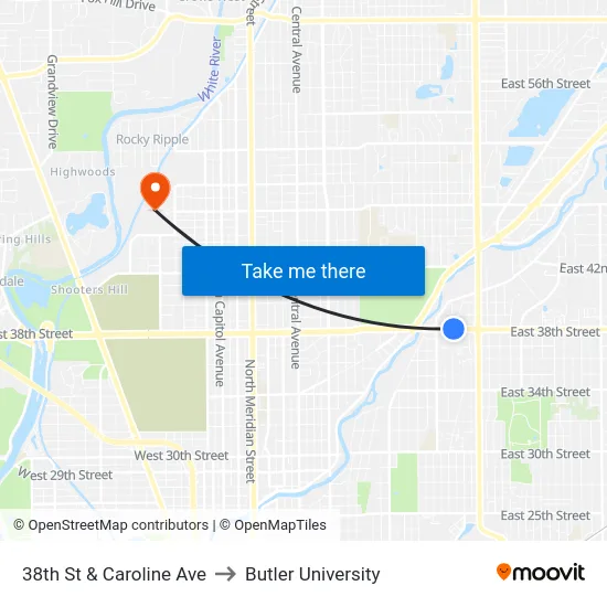 38th St & Caroline Ave to Butler University map