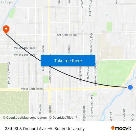 38th St & Orchard Ave to Butler University map