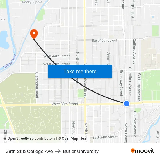 38th St & College Ave to Butler University map