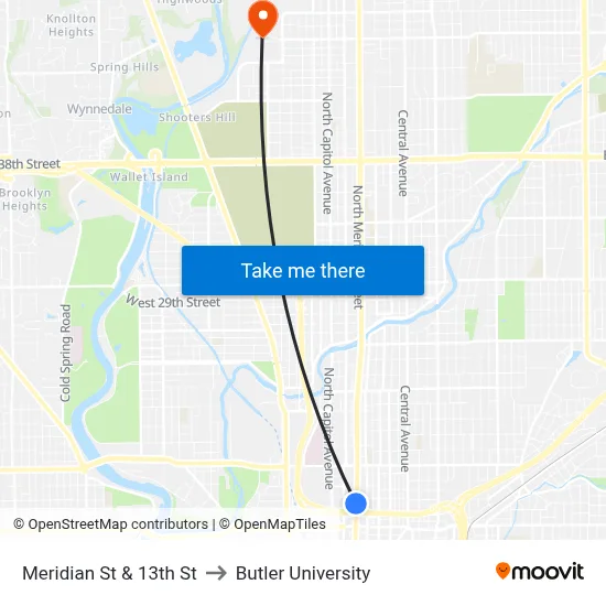 Meridian St & 13th St to Butler University map