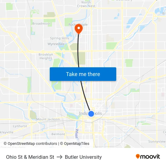 Ohio St & Meridian St to Butler University map