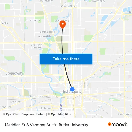 Meridian St & Vermont St to Butler University map
