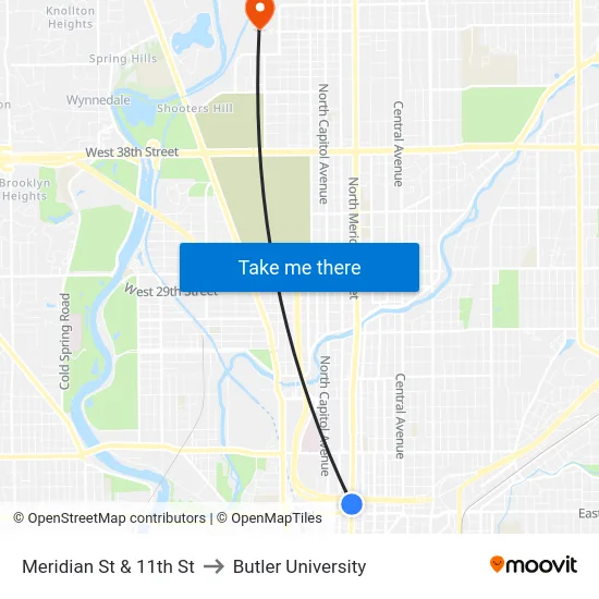 Meridian St & 11th St to Butler University map