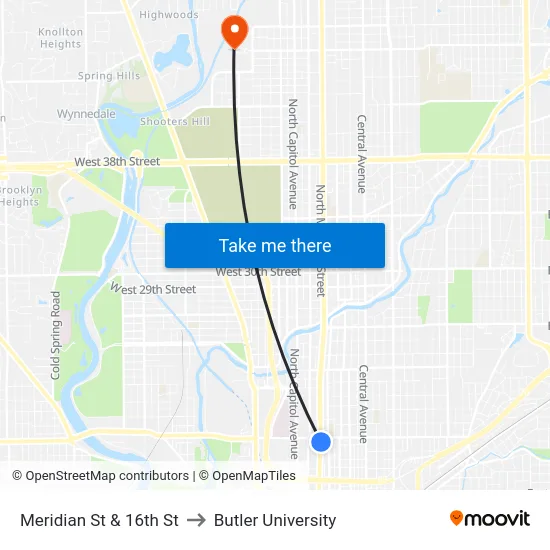 Meridian St & 16th St to Butler University map