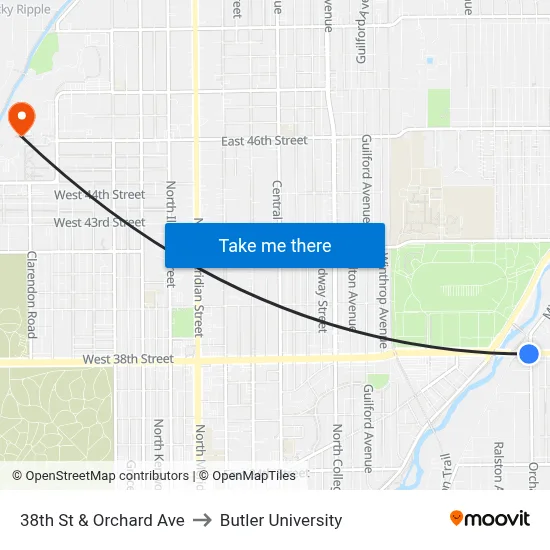 38th St & Orchard Ave to Butler University map