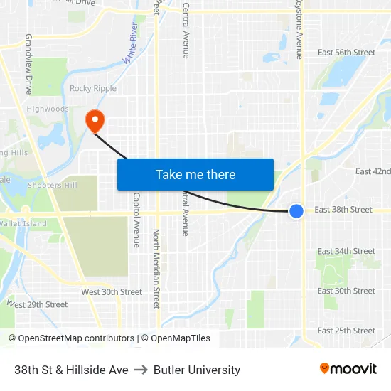 38th St & Hillside  Ave to Butler University map