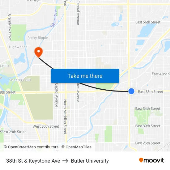 38th St & Keystone Ave to Butler University map