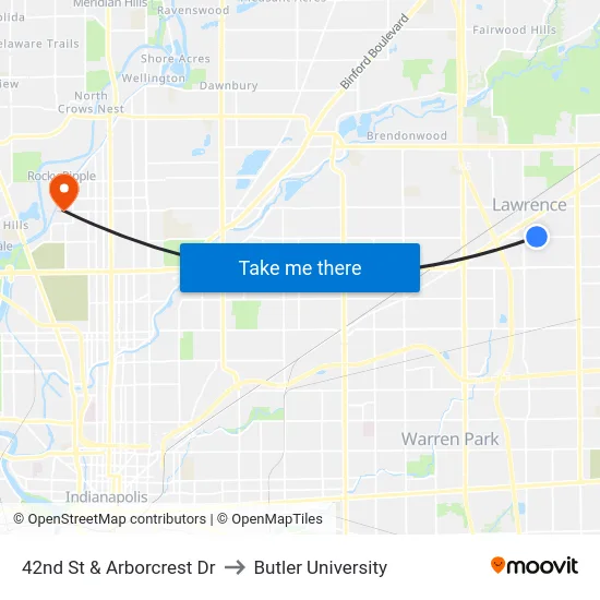 42nd St & Arborcrest Dr to Butler University map