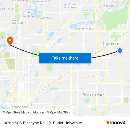 42nd St & Biscayne Rd to Butler University map