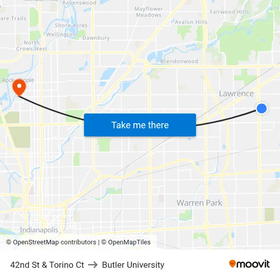 42nd St & Torino Ct to Butler University map