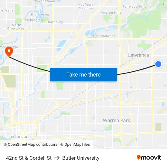 42nd St & Cordell St to Butler University map