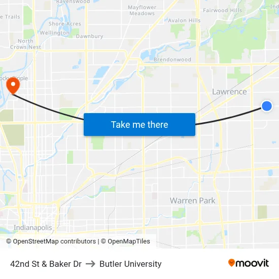 42nd St & Baker Dr to Butler University map
