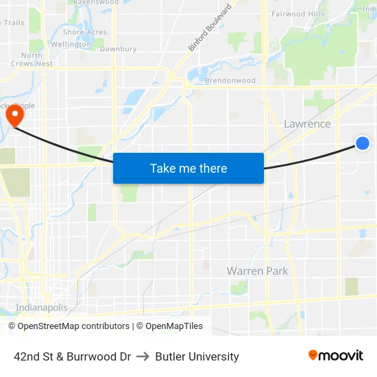 42nd St & Burrwood Dr to Butler University map