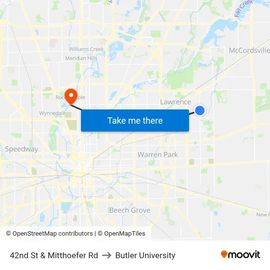 42nd St & Mitthoefer Rd to Butler University map